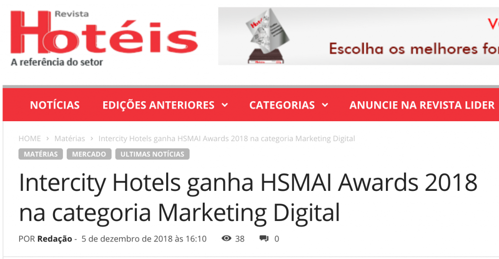 Intercity Hotels ganha HSMAI Awards 2018 na Categoria Marketing Digital